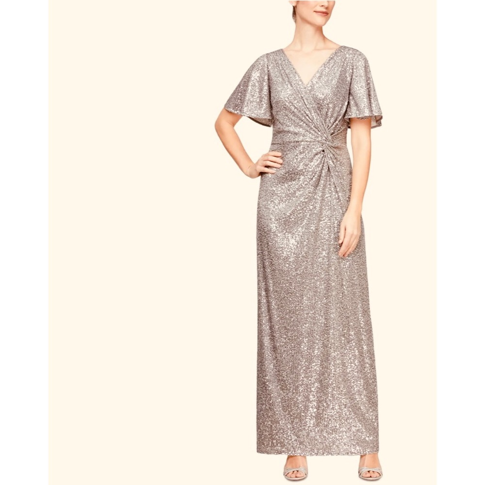 ALEX EVENINGS Silver Sequined Twist Front Flutter,Formal Sheath,blue/gold